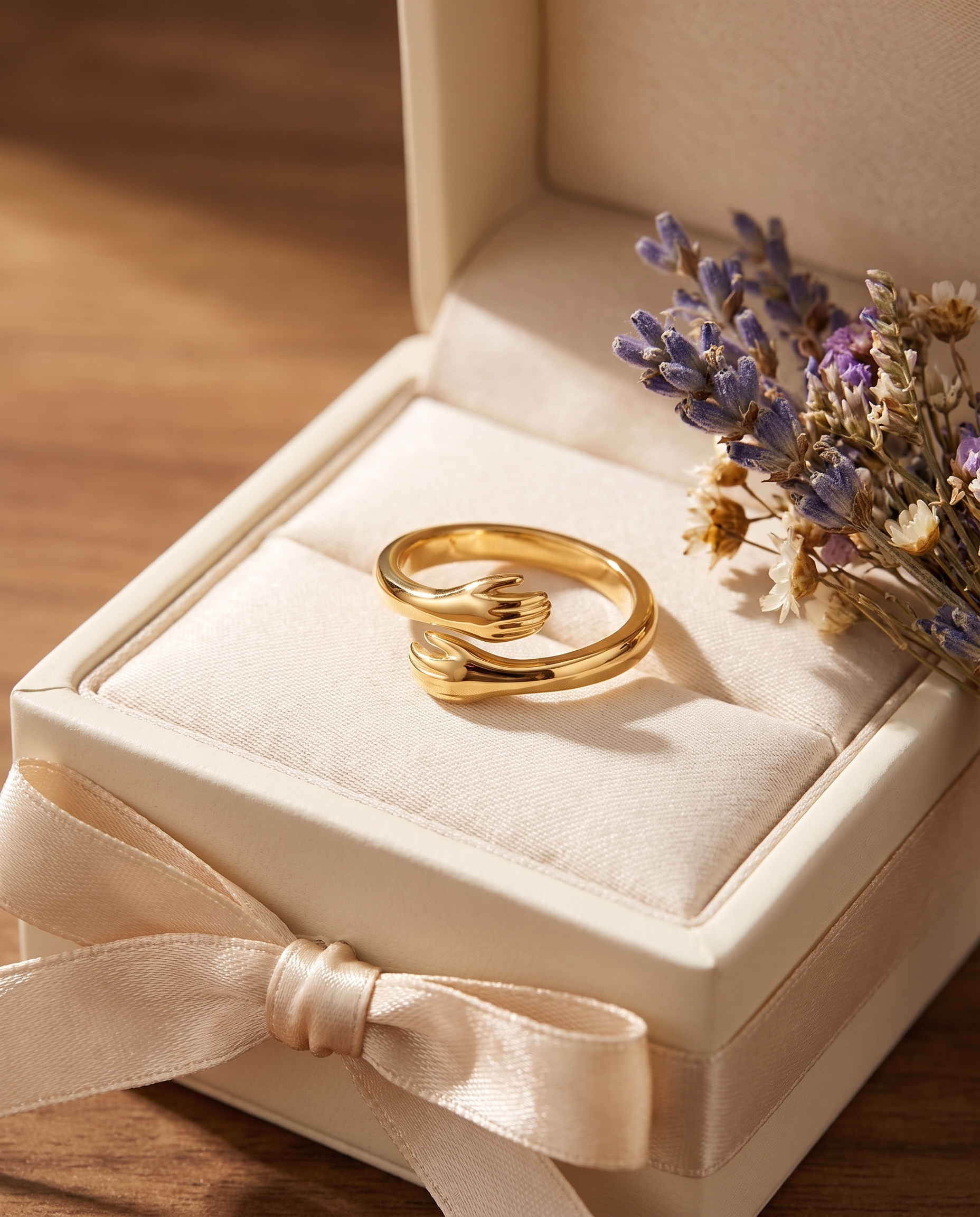 Bague Câlin ajustable dorée entourée de fleurs séchées