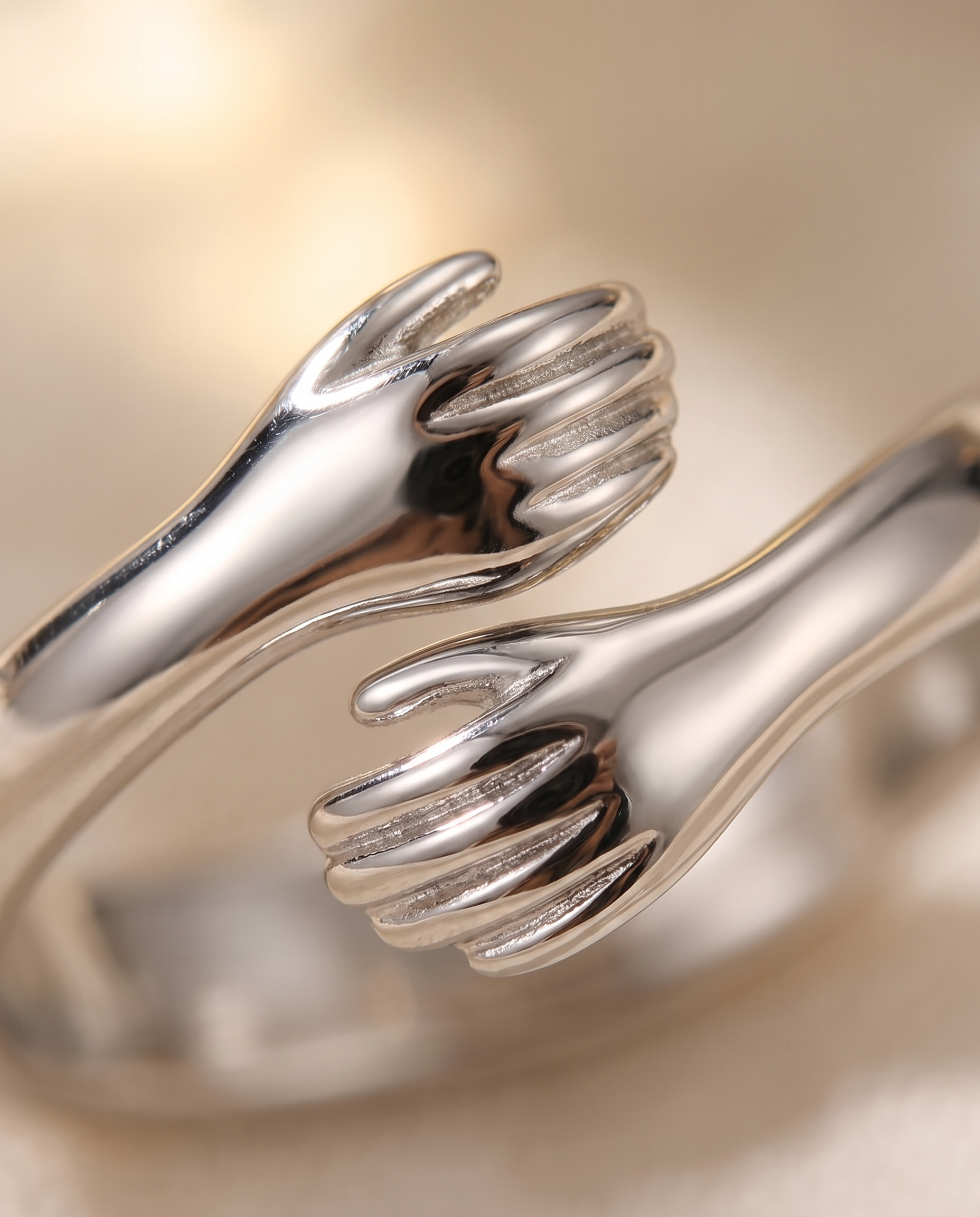 Bague Câlin en argent — gros plan sur les deux mains enlacées